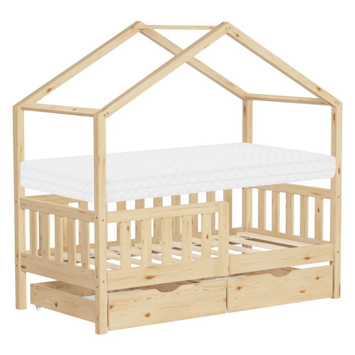 Lit cabane enfant ML-Design 70x140cm naturel avec matelas 2 tiroirs antichute toit sommier à lattes Lit cabane enfant ML-Design 70x140cm naturel avec matelas 2 tiroirs antichute toit sommier à lattes