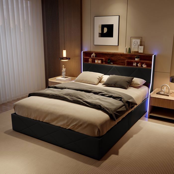 Structure de lit SHAODENG 140x200 cm avec USB LED tissu en PU cadre de lit 140 x 200 cmNoir