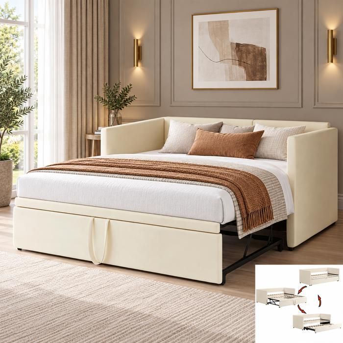 Lit Gigogne 90/180×200 cm - Canapé lit Convertible avec Sommier à Lattes - Lit Rembourré 2 places - Style Scandinave - Velours Beige