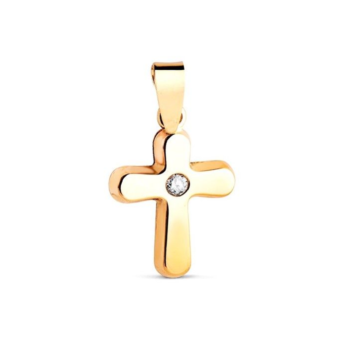 Pendentif croix en or 18 carats avec zircon cubique central de 14 mm finition lisse et polie