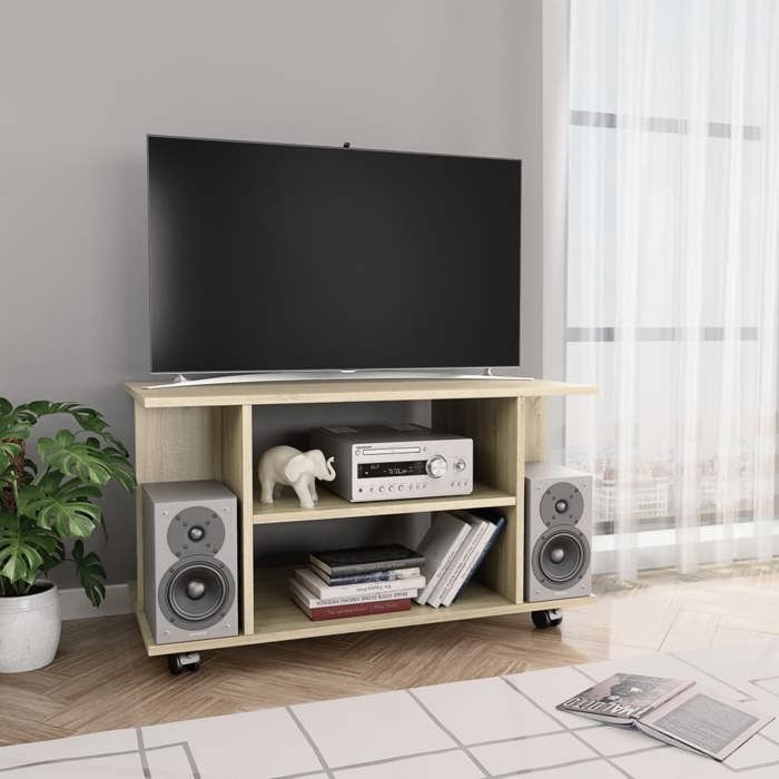 Meuble TV à roulettes - vidaXL - Chêne sonoma - 80x40x45 cm - Bois dingénierie - 4 étagères ouvertes - 4 roulettes