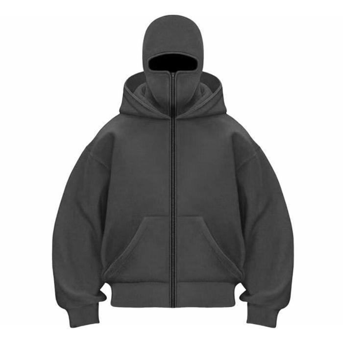Sweats à Capuche Homme Femme Zip Hoodie Pull Grande Taille Balaclava Veste Polaire Hiver Hoodie Veste Chaud Masque Sweat - Gris
