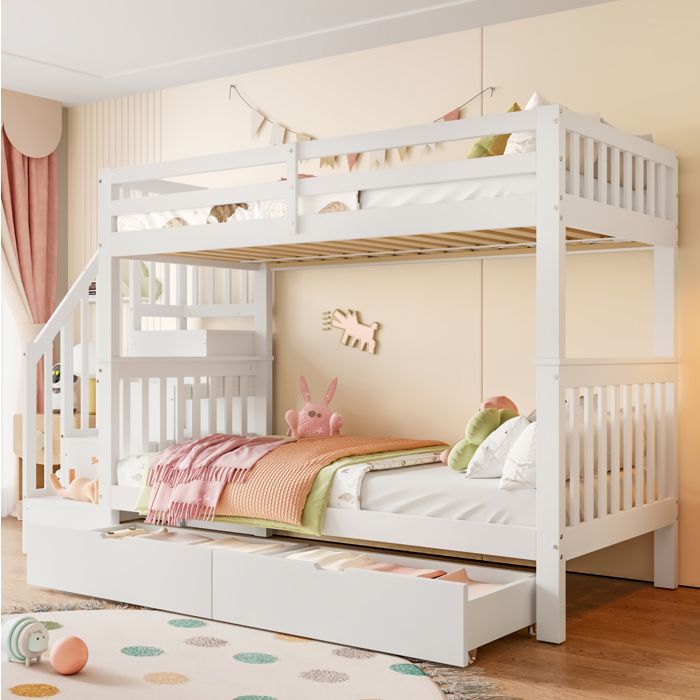 Lit superposé 90x200 cm EVRYAE Treppenregal en pin massif blanc avec escalier étagère et rangements intégrés