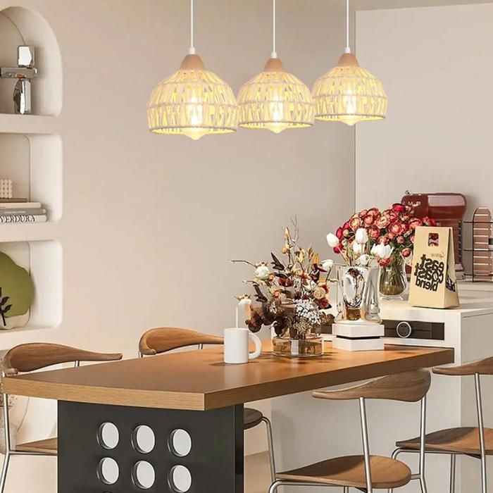 ElektraH 3lampes Lampe Suspension Vintage Industriel Moderne Lustre en Bois Rotin Blanc E27 Luminaire Eclairage Design Cage Rétro