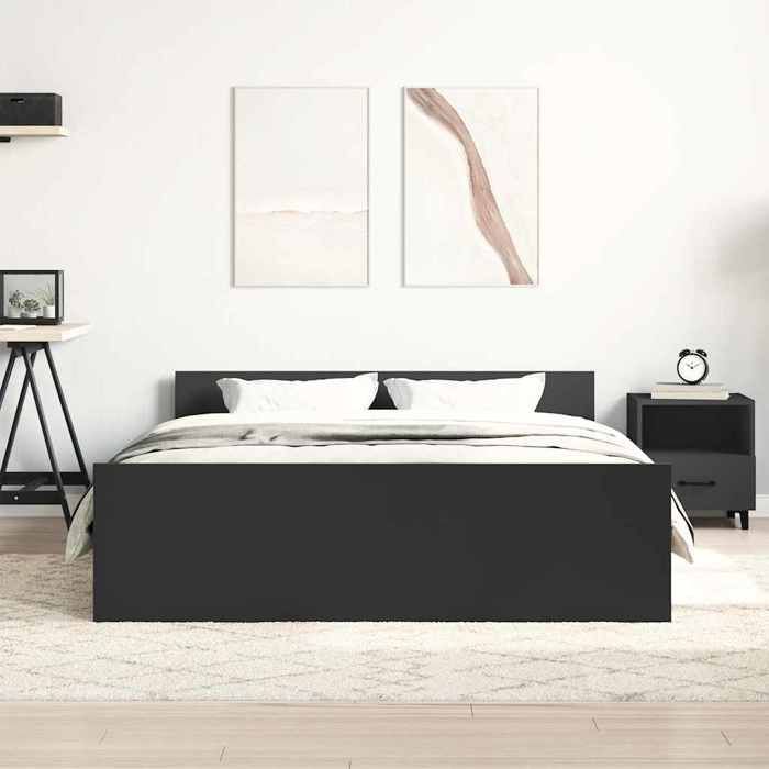 Cadre de lit double - MEUBLECHIC - 140x190 cm - Noir - Bois dingénierie - Lattes en contreplaqué