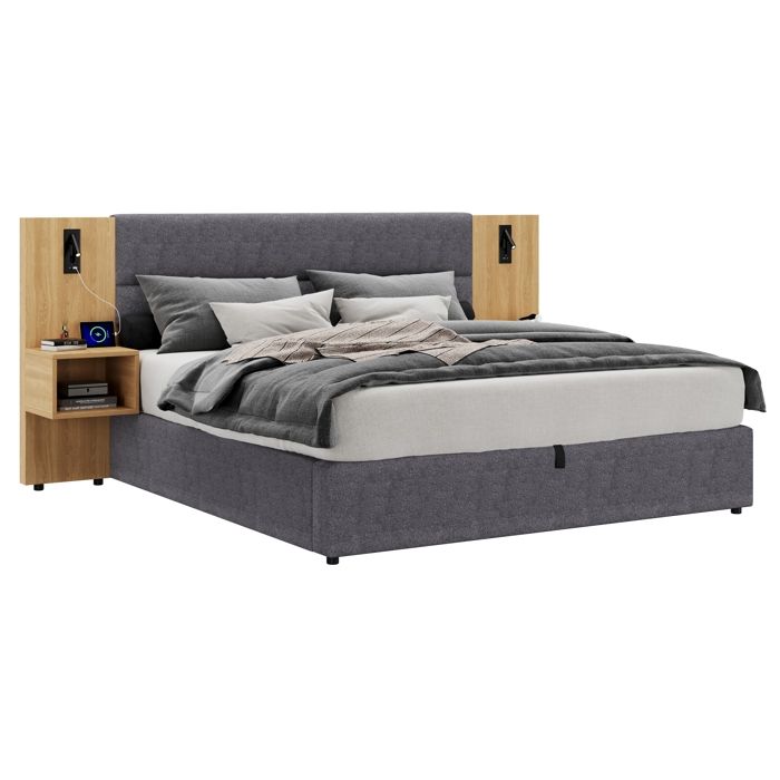 Lit Coffre 160x200 cm - Lit Double avec Rangement 2 Tables de Chevet Tête Capitonnée à Oreilles Larges - Velours Gris