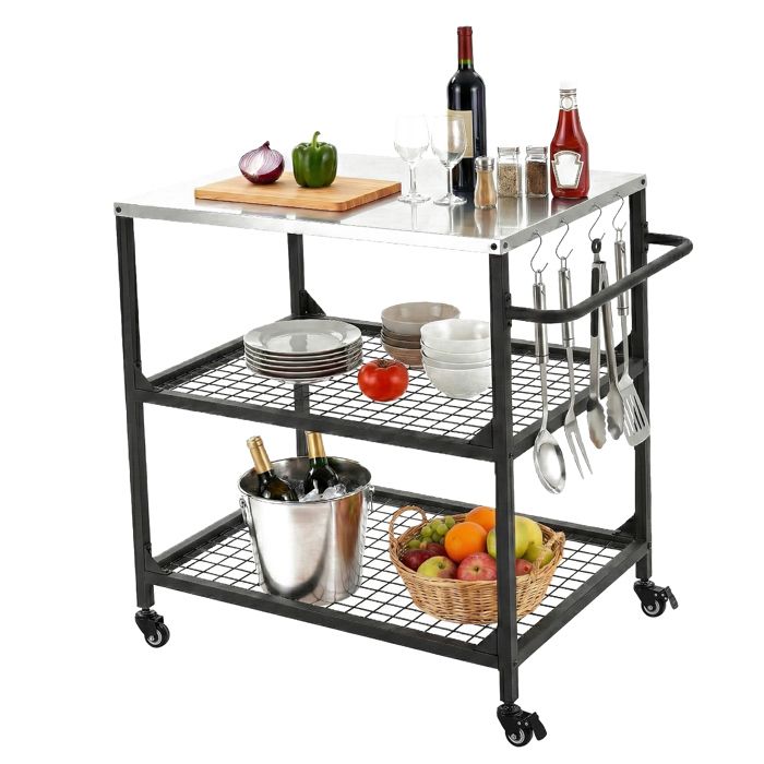 Desserte pour plancha - DUOKU - WER-V4 - Plateau inox 800x610 mm - 3 étagères - Roulettes verrouillables
