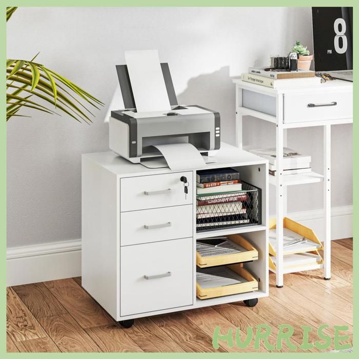 Cocosity Support DImprimante À 3 Tiroirs Verrouillables Meuble De Rangement Sur Roulettes Étagères Ouvertes 60X40X56Cm Blanc