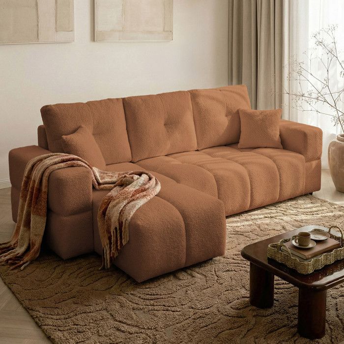 Canapé dangle Réversible BUENO - 3 places - Convertible avec Coffre - Tissu Agréable au Toucher - Orange