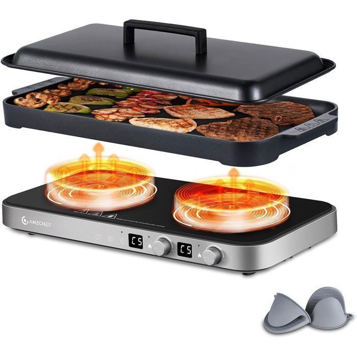 AMZCHEF Plaque Induction 2 foyers 3000W avec plaque gril amovible 9 niveaux de puissance pour BBQ camping