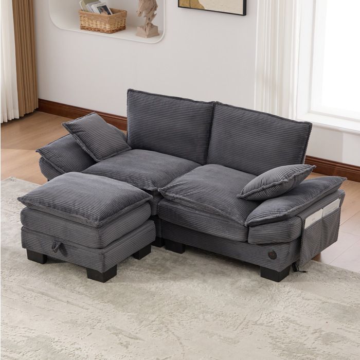 Canapé modulable 2 places gris foncé L 190 x P 132 x H 84 cm avec pouf USB-C et poches