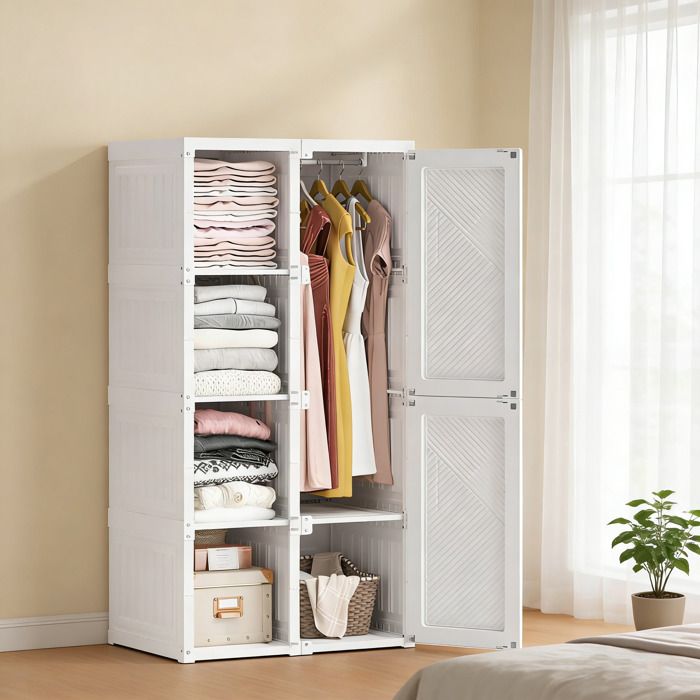 Armoire Chambre - Armoire de Rangement - 6 Portes et 8 Compartiments - Penderie intégrée - Armoire Plastique - 69x50x136cm - Blanc