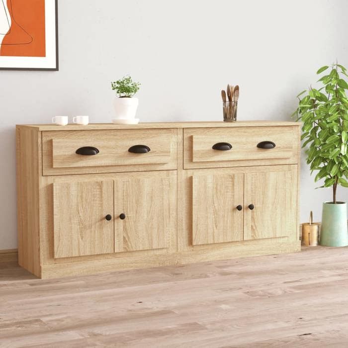 Lot de 2 Buffets - ZENCORE® - Cadre solide - Commode salon/Buffet de Cuisine en bois - chêne sonoma - bois dingénierie B5776099727