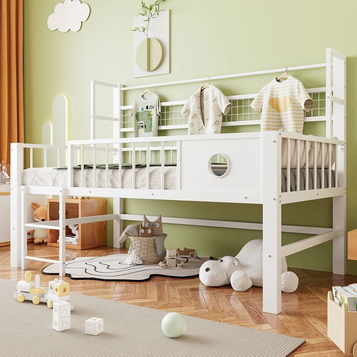 Lit Mezzanine Enfant 90x200cm Bas avec Tringle et Étagère - Lit Enfant - Cadre Métal Robuste Gain de Place Blanc