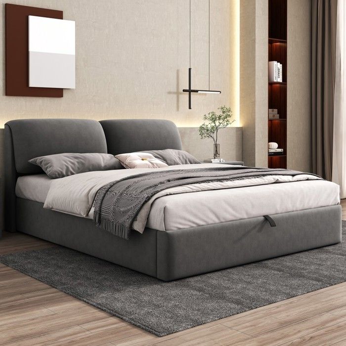 Lit Double Tapisserie Gris 160x200cm Velours Sommier Hydraulique 3 Tiroirs Coffre Rangement Tête de Lit Sommier Lattes Sans Matelas Lit Double Tapisserie Gris 160x200cm Velours Sommier Hydraulique 3 Tiroirs Coffre Rangement Tête de Lit Sommier Lattes Sans Matelas