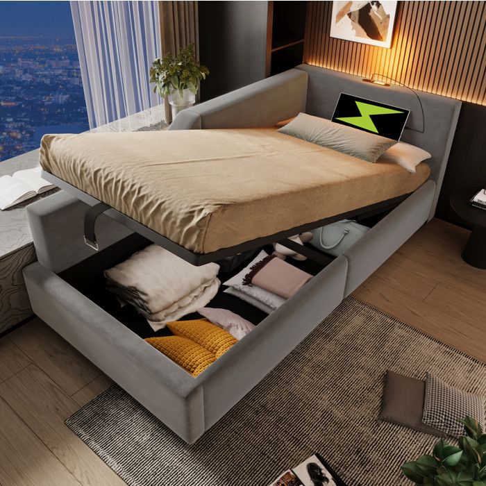 ULEVR Lit banquette 90 x 190 cm en velours gris avec coffre de rangement hydraulique lampe de lecture et USB-C