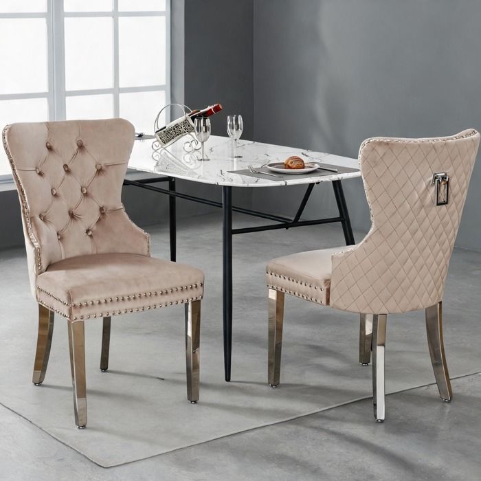 Chaises contemporaines élégantes (lot de 2) pour salle à manger velours soft beige cadre bois massif