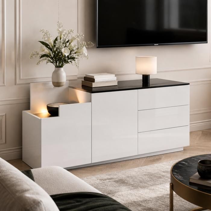 Buffet salon - Zephmum - 140x40x68 cm 2 portes L cloisons réglables LED 3 tiroirs brillant blanc noir