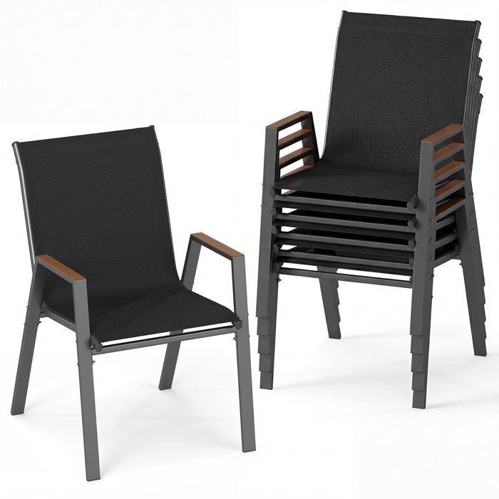 Lot de 6 Chaises de Jardin Extérieur COSTWAY Tissu Respirant Empilables 180kg Chargepour Terrasse Piscine Jardin Noir