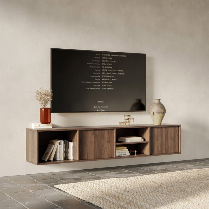 Meuble TV Suspendu avec 2 portes et 3 niches - SANVA - 200 cm - noyer warmia