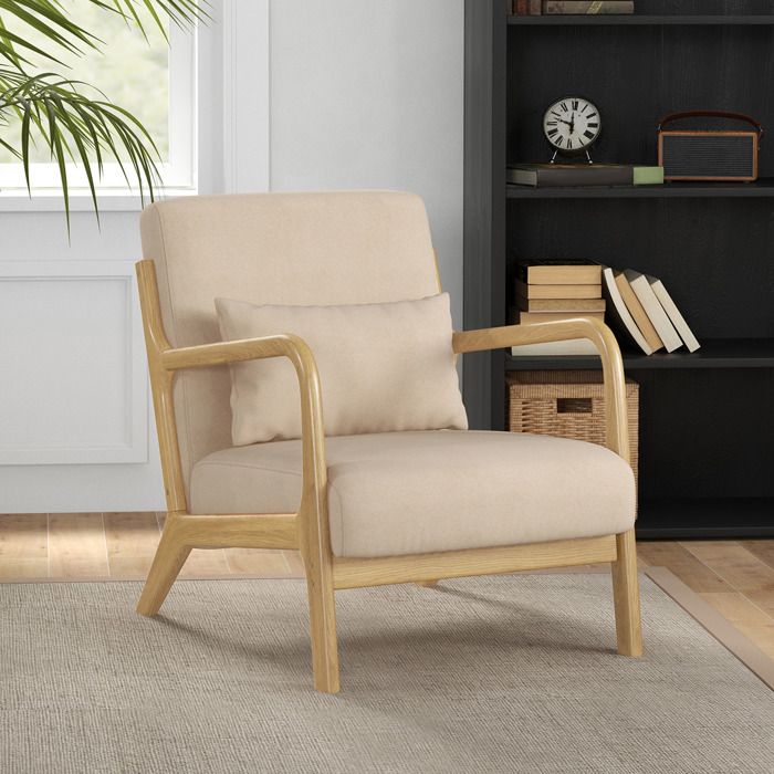 Fauteuil lounge homcom - tissu velours beige - structure bois hévéa - accoudoirs - assise profonde - 3 coussins inclus