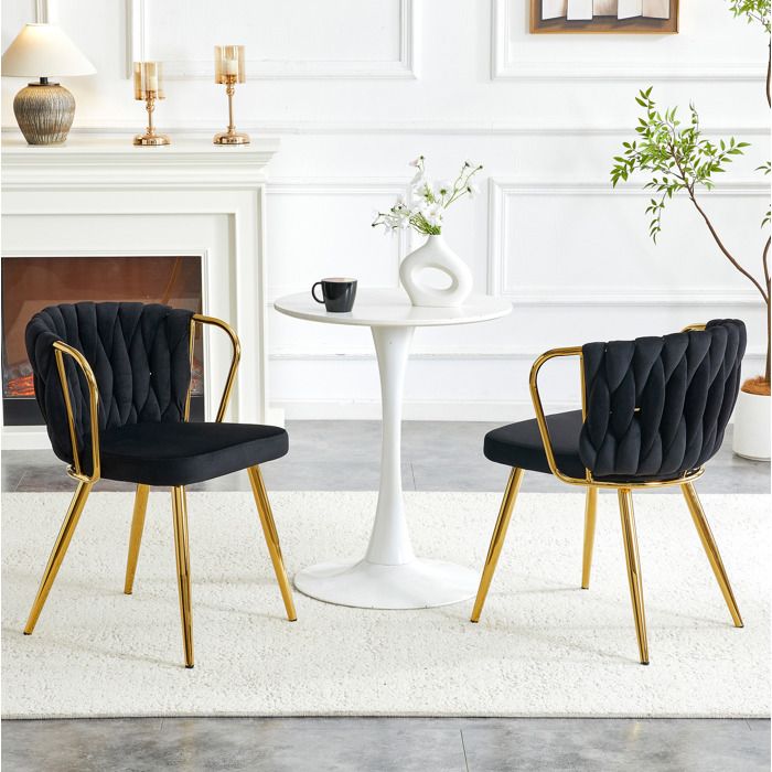Chaise de salle à manger en velours noir avec accoudoirs dossier tressé pieds métalliques dorés lot de 2