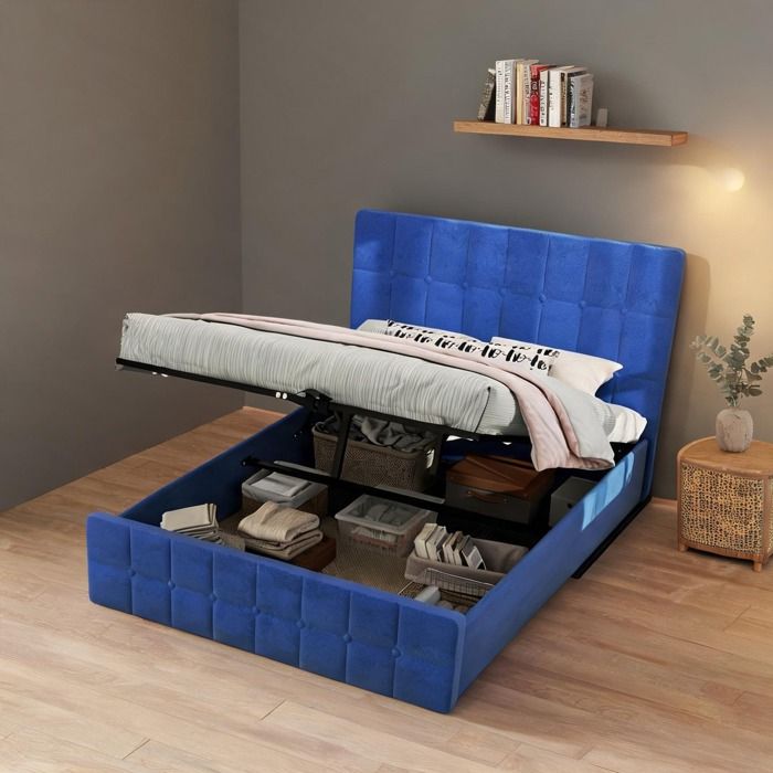 Lit avec tête de lit capitonnée en velours bleu profond 140x200 cm design moderne avec rangement
