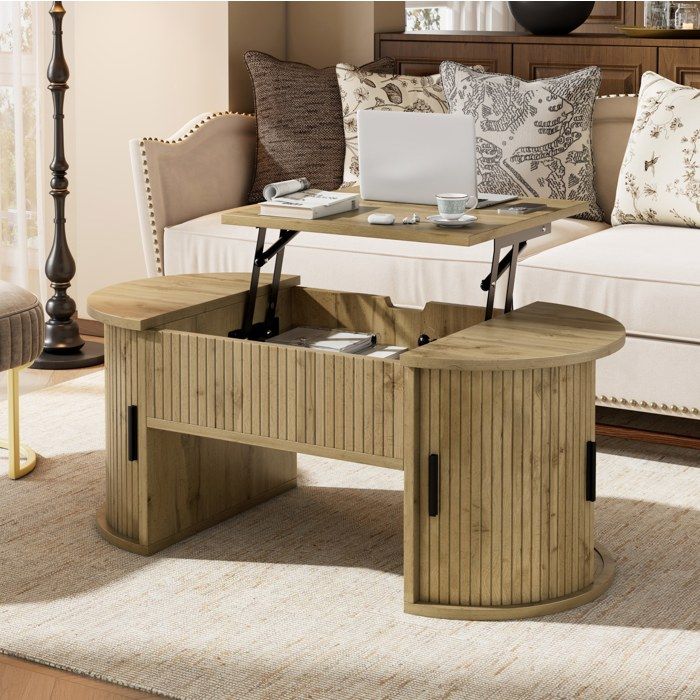Table basse relevable avec 2 portes coulissantes et 2 étagères - MEUNIQ - Ovale MDF décor chêne 100×50×405 cm