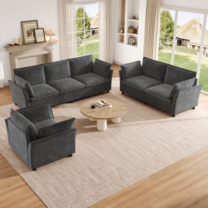 Ensemble de canapés modulaires 3+2+1 en chenille grise 3 places + 2 places + fauteuil accoudoirs 220/155/90 cm