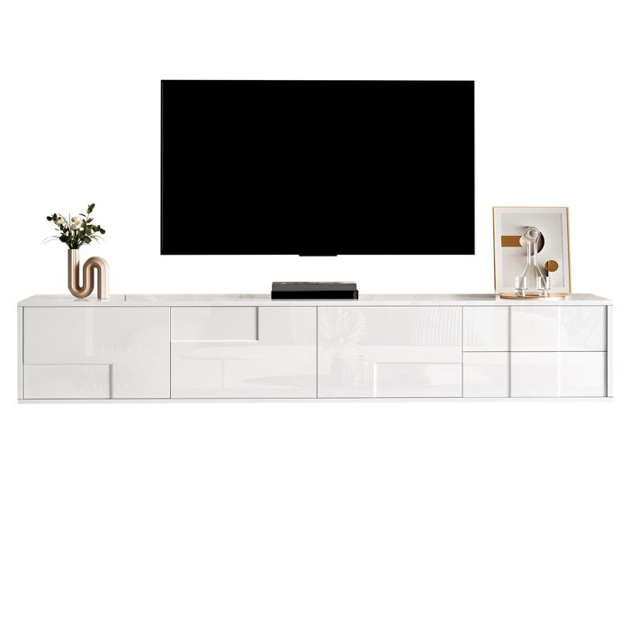 Meuble TV blanc moderne 170 cm suspendu ou posé surface entièrement laquée brillante sans poignées avec 3 portes et 2 tiroirs