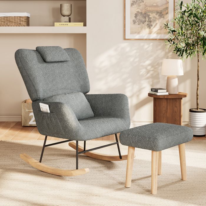 Fauteuil à bascule Anajqaqia fauteuil de salon avec repose-pieds et coussin lombaire fauteuil de lecture en velours gris