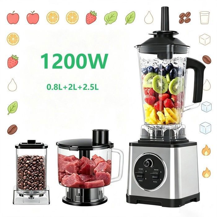 Blender 3-en-1 1200W Cuves 2.5L+2L+0.8L 15 Vitesses Lames Inox & Socle ABS Bouchon Étanche Pour Glace & Smoothies