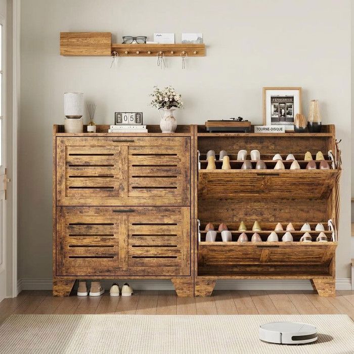 Armoire à chaussures étroit – 2 abattants et crochets – Rangement compact pour entrée ou couloir – 80 × 24 ×97 cm – Marron brûlé