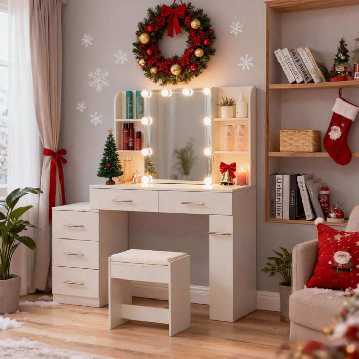 Coiffeuse avec miroir LED - Blanc - MDF - 100x405x136 cm - Miroir lumineux - 10 ampoules LED