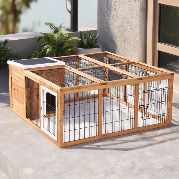 Enclos pour petits animaux 123 x 120 x 52 cm en sapin naturel avec toit imperméable et couvercle amovible