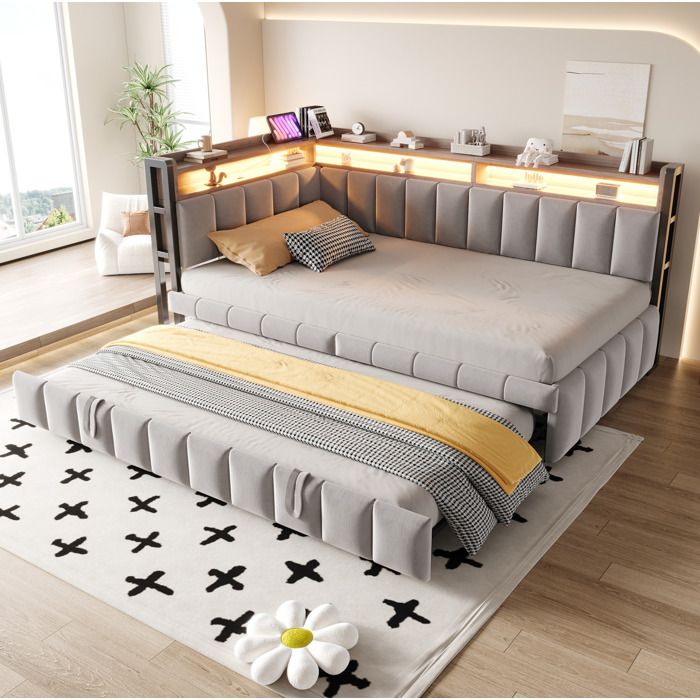 Lit gigogne banquette 90x200 cm velours gris avec LED intégrée rangements USB USB-C sommier à lattes métal VEVXYN