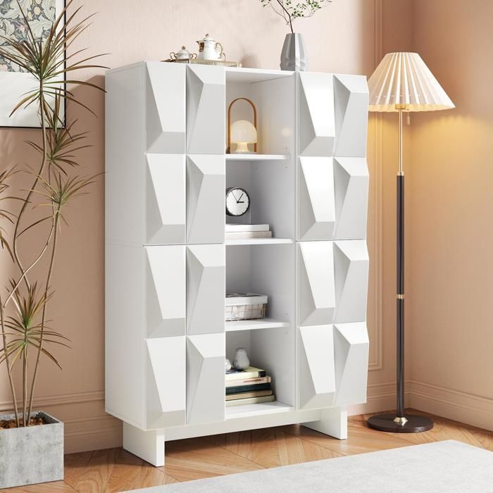 Meuble à Chaussures avec 4 Portes 12 Compartiments Compartiments Ouverts Vitrine Armoire Haute Moderne pour Entrée Blanc