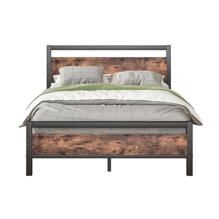 Lit 140x190 en métal et MDF avec sommier à lattes rangement sous le lit style industriel vintage marron JOINERY