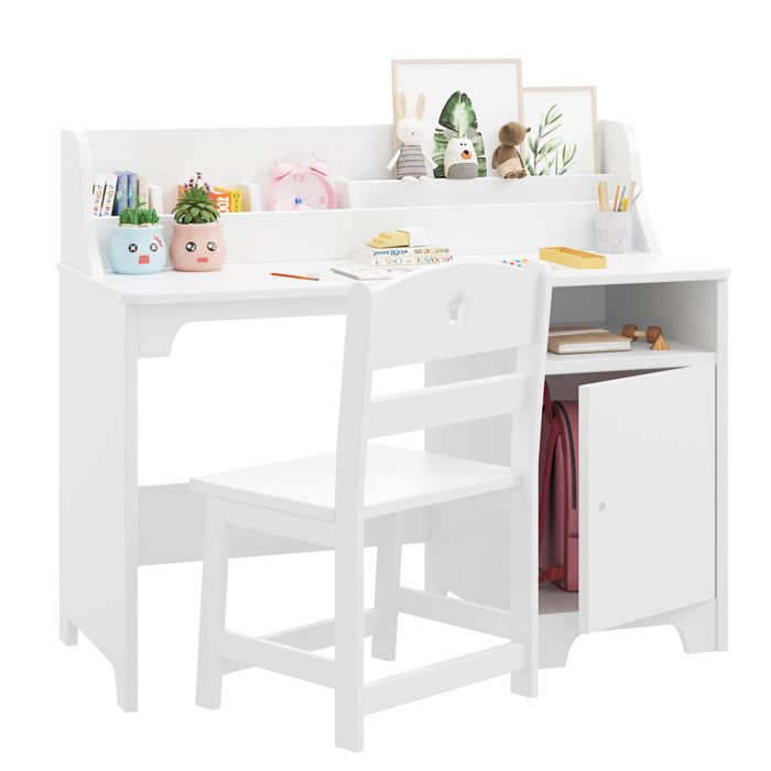 Bureau Enfant avec Chaise – Étagère et Placard Bois Idéal pour Étude/Chambre L895xP46xH78cm-Blanc