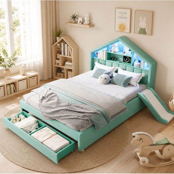 Lit enfant cabane rembourré EVRYAE 140 x 200 cm avec toboggan LED port de charge et rangement vert deau bleu LIT COMBINE
