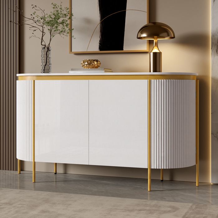 Buffet Bas Ovale - Blanc - 140 cm - 4 Portes Cannelées Côtés Arrondis Pieds Métal Meuble de Rangement avec Passe-Câbles