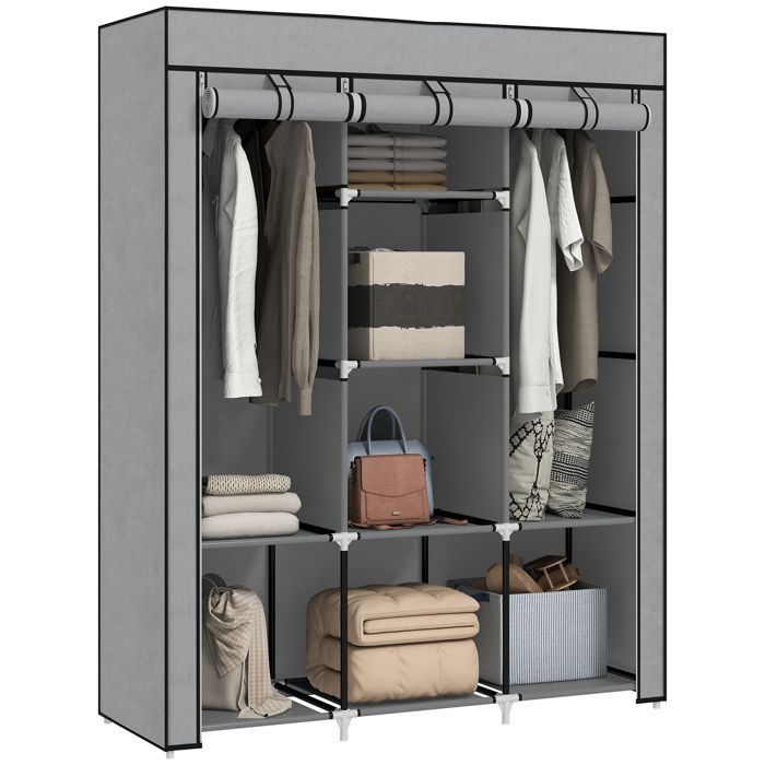 Armoire penderie multi-rangement - 8 étagères 2 barres - non tissé gris clair