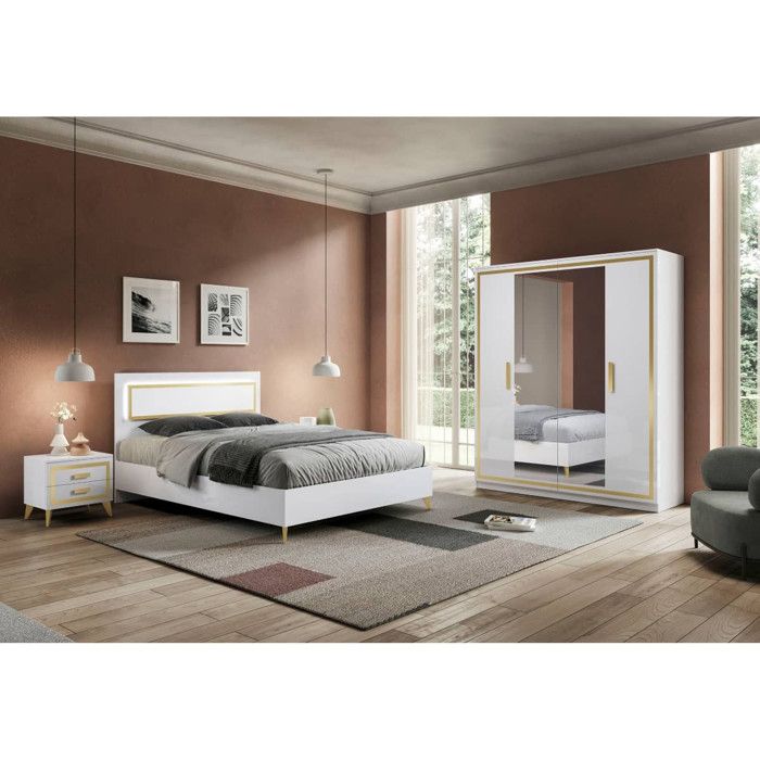 JEMMA - Chambre 160x200cm Blanche et Décor Doré Lit avec Leds + 2 Chevets + Armoire JEMMA - Chambre 160x200cm Blanche et Décor Doré Lit avec Leds + 2 Chevets + Armoire