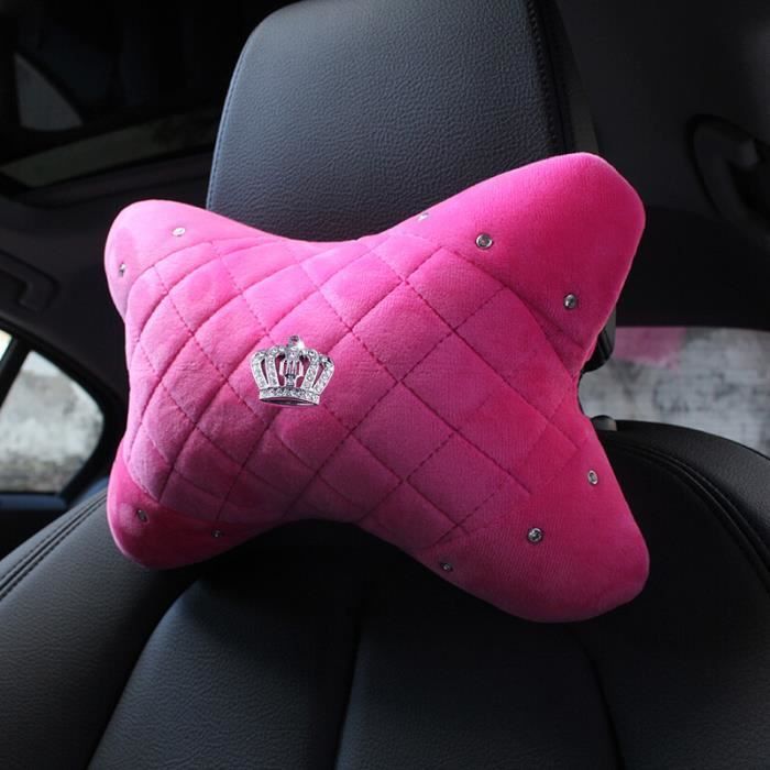 Appui-tête,Oreiller de cou de voiture en peluche rose pour femme,couronne  de cristal,intérieur automatique,siège de - neck pillow