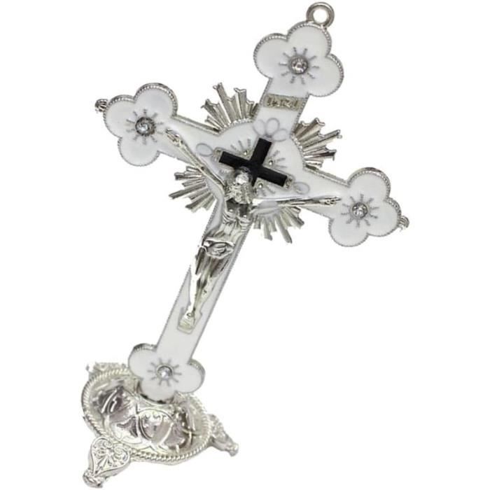 Croix De Table Catholique En Alliage Zinc - Sculpture Main Jésus Avec Support Amovible - Décoration Maison/Autel - Cadeau Religieux Argenté