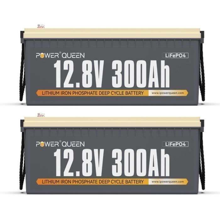Power Queen Batterie Lithium LiFePO4 12V300Ah - 3840Wh - BMS200A - 4000+ Cycles -Grande Capacité- L521*P238*H217mm -Paquet 2 Ppièces