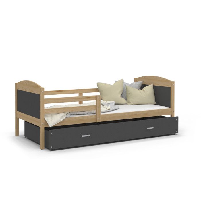 Lit enfant mateo 90x190 pin - gris livr&eacute; avec sommiers, tiroir et matelas en mousse de 7cm