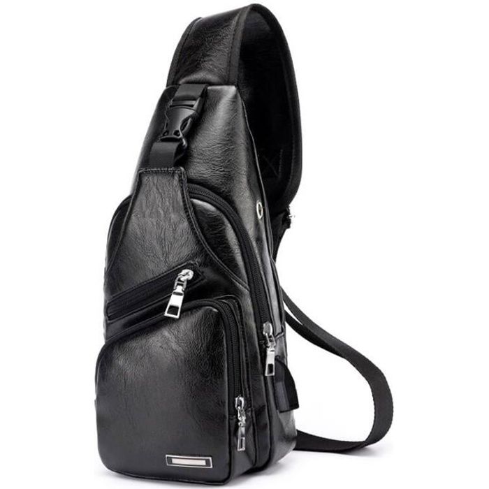 Sac de Poitrine Homme en Cuir PU Sacoche à Bandoulière Sacs a dos porté épaule Travers Pochettes des Sport Affaires Voyage, Noir