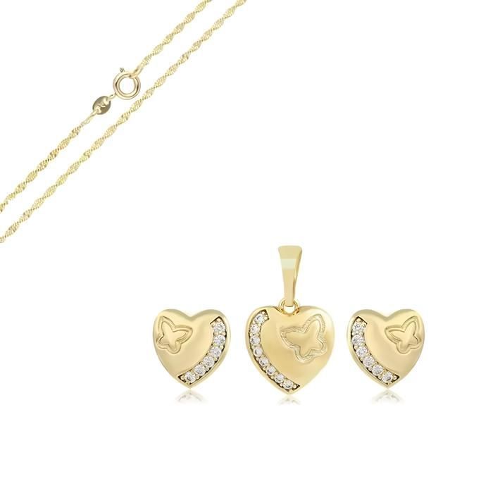 Parure Bijoux - Enfant/Femme - Coeur - motif Papillon - Cristal - Blanc - Plaqué Or Jaune 585/1000 - Bijou de Créateur