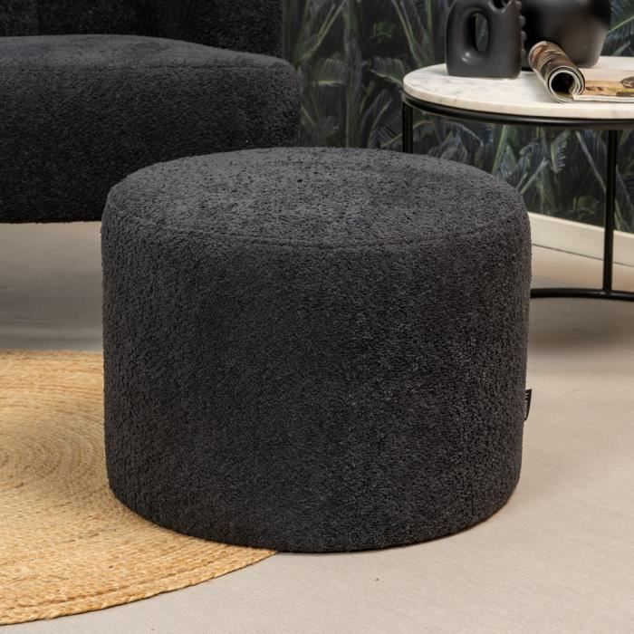 Pouf Industriel en Tissu Bouclé Noir - Bronx71 - Nora - Largeur 50cm - Longueur 50cm - Blanc